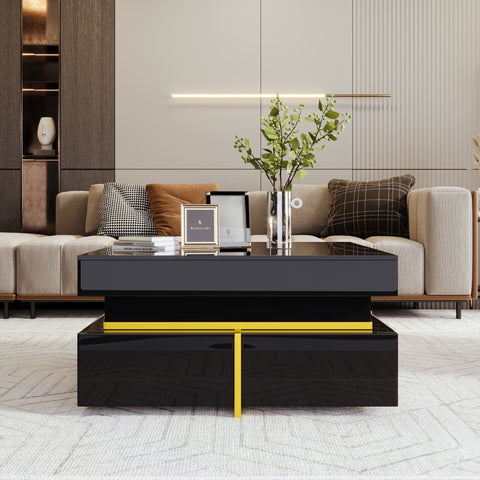 Rootz High Gloss Coffee Table - Living Room Table - Gold-Plated Accents - Ample Storage - 70cm x 70cm x 35.5cm