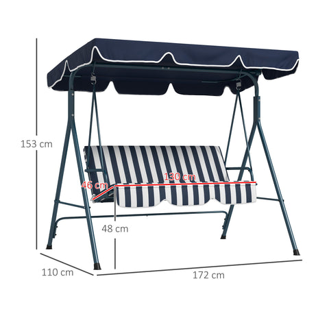 Rootz Hollywood Swing Garden Seat - 3-Seater Swing - Outdoor Bench - Weatherproof - Adjustable Roof - 172cm x 110cm x 153cm - Blue and White
