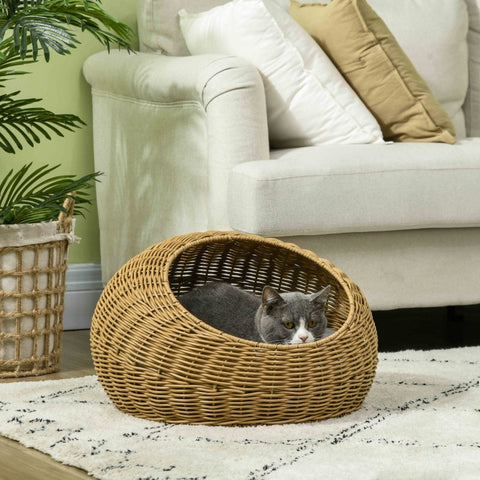 Rootz Rattan Cat House - Cat Basket - Cozy Cat Bed - Washable Cushion - PE Rattan - 50cm x 31cm - Stylish Design