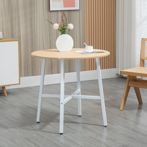 Rootz Dining Table - Round Kitchen Table - Modern Style - Wood Table Top - Sturdy Metal Legs - 80cm x 76cm - Natural Wood & White