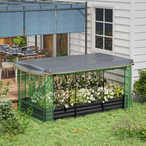 Rootz Raised Bed - With Bird Protection Net - Sun Protection - Metal Housing - Galvanized Steel - Dark Gray + Black + Green - 230x110x110 cm