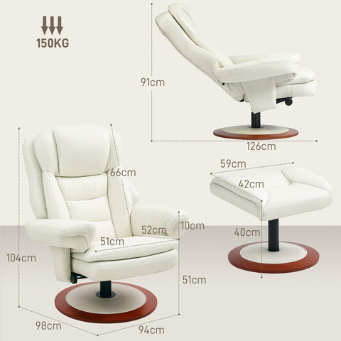 Rootz Reclining Chair with Stool - Lounge Chair - TV Chair - Ergonomic Luxury - 94cm x 98cm x 104cm - White - Faux Leather