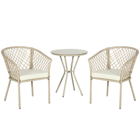Rootz Garden Furniture Set - 2 Chairs - Table Tempered - Glass Table Top - Seat Cushions - PE Rattan - Seat Pads - Metal Frame - PE Rattan-Steel-Polyester - Khaki - 48W x 49D cm