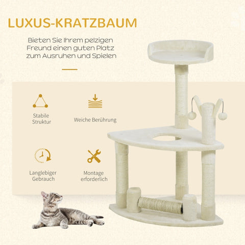 Rootz Cat Tree - Scratching Post - Cat Bed - Interactive Toys - Sisal Posts - Cozy Bed - Sturdy and Durable - 48cm x 48cm x 91cm Cream White
