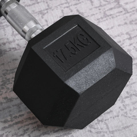 Rootz Dumbbell - Anti-Slip Handle - Single Rubber Hex Dumbbell - Home Gym - Black + Silver - Ø16.2 x 34.6Lcm
