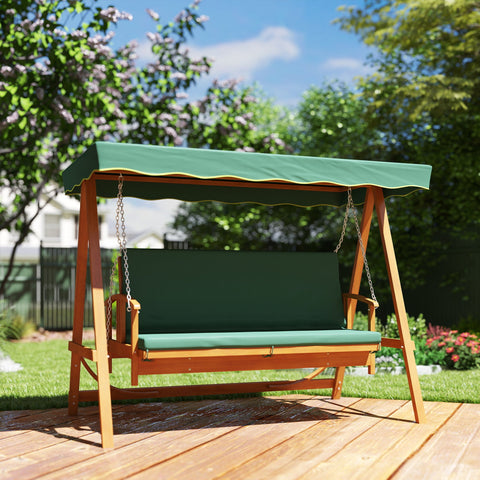 Rootz Hollywood Swing with Sunroof - Real Wood Garden Swing - 3-Seater Lounger - Durable Comfort - 236cm x 130cm x 181cm - Green