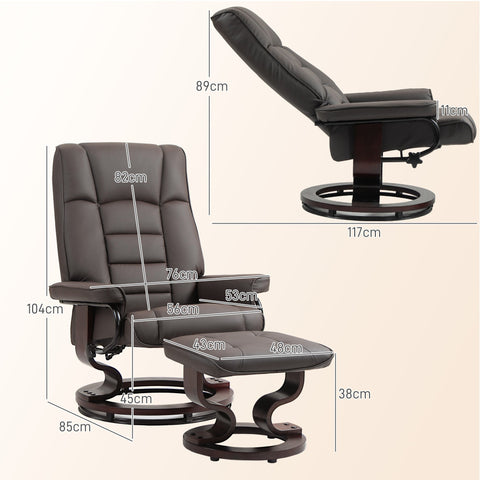 Rootz Relaxation Armchair Set - Recliner & Ottoman - Lounge Chair - 360° Swivel Base - Faux Leather - 76cm x 85cm x 104cm - Brown