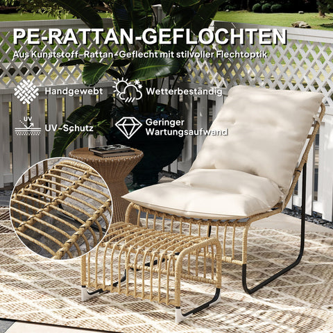 Rootz Rattan Relaxation Armchair with Foot Stool - Garden Armchair - Outdoor Lounge Chair - UV-Resistant - 65 x 93 x 80 cm