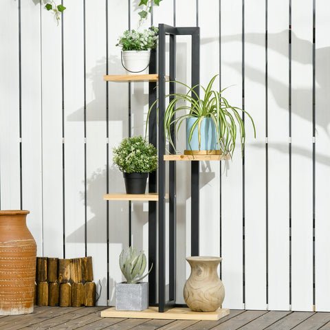 Rootz 4 Floor Plant Stand - Adjustable Flower Stand - Indoor Plant Stairs - Industrial Design - 110 cm High - Black+Natural Wood - 45L x 25B x 110H cm