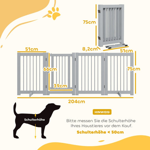 Rootz Free-Standing Dog Gate with Door - Wooden Pet Safety Fence - 4 Panel Foldable Design - High Stability - Gray - 204cm x 36cm x 75cm