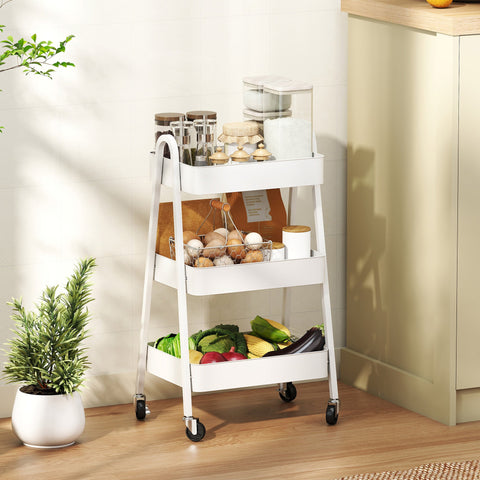 Rootz 3 Level Serving Cart - Kitchen Trolley - Rolling Storage - Smooth Movement - White - 29.8cm x 74.5cm