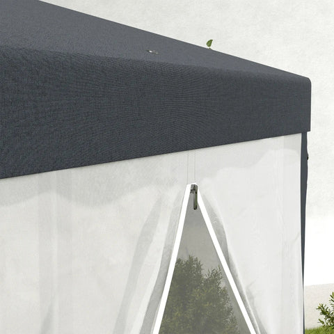 Rootz Gazebo - Garden Pavilion - Hexagonal - Ground Spikes - Mesh Curtains - Metal Frame - Polyester - Metal - Dark Gray - L394 x W341.2 x H250 cm