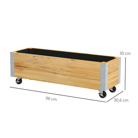 Rootz Rectangular Planter on Rolls - Plant Container - Rolling Planter - Optimal Drainage - 96 x 30.6 x 30 cm Natural Wood