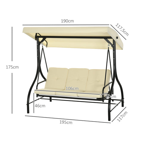 Rootz 3 Seat Swing Bench - Porch Swing - Garden Swing - Sun Protection - Converts Day Bed - 195cm x 117cm x 175cm