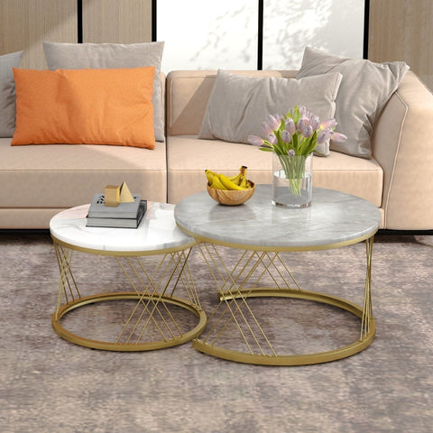 Rootz Set of 2 Modern Coffee Tables - High-Gloss Marble - Nesting Tables - 30kg Load Capacity - 70cm x 70cm x 45cm