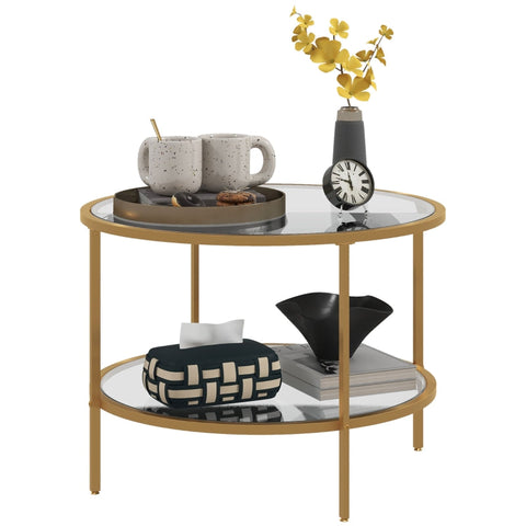 Rootz Side Table - Modern Bedside Table - Nightstand - Tempered Glass - Powder-Coated Steel - 60cm x 43cm - 2-Tier Shelf - Gold