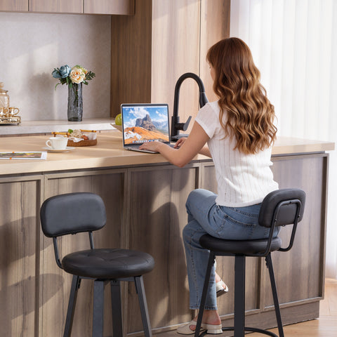 Rootz Set of 2 Bar Stools - Counter Chairs - High Chairs - Padded Faux Leather, 360° Swivel, Metal Frame, Black, 38x43.5x99 cm