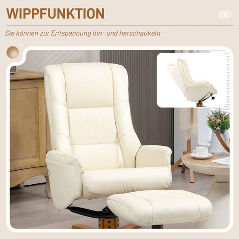 Rootz Relaxation Chair with Stool - TV Armchair - Recliner - Rocker Function - Faux Leather - Natural Wood Frame - Cream White - 71cm x 84cm x 102cm