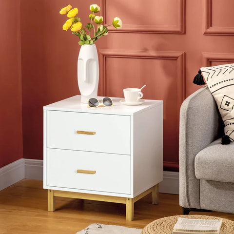 Rootz Bedside Table - Nightstand - 2 Drawers - Pinewood - Bedroom - Livingroom - White + Natural - 50 cm x 40 cm x 55 cm