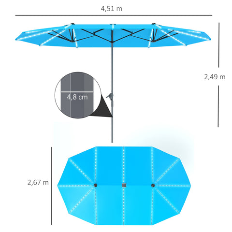 Rootz Double Umbrella - Terrace Sunshade - Blue Parasol - Solar Lights, UV-Resistant, UPF50+ Protection - 451cm x 267cm x 249cm