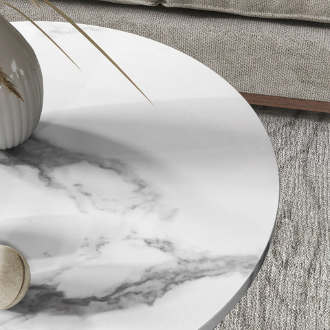 Rootz 2 Piece Set Round Side Table - Coffee Tables - Marble Look - Double Storage Space - Ø45 x 55H cm & Ø40 x 50.5H cm