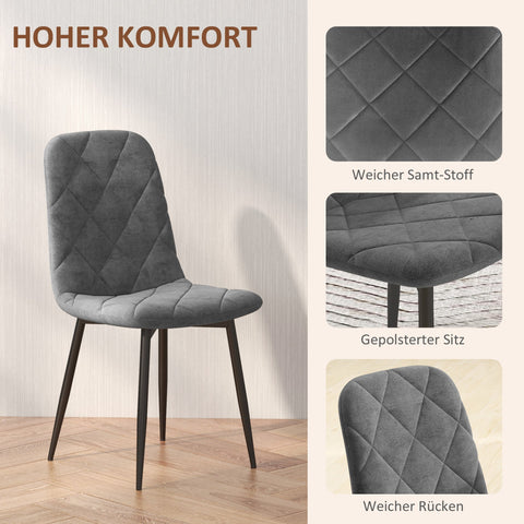 Rootz Grey Velvet Dining Chairs Set - Upholstered Kitchen Chairs - Metal Legs - Comfortable Backrest - 45cm x 54cm x 87cm