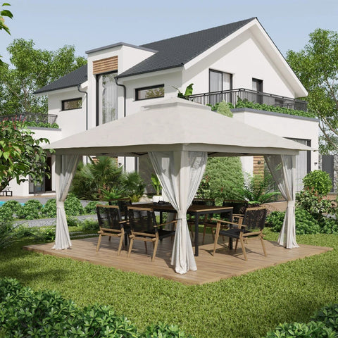Rootz Folding Gazebo - Height Adjustable - 4 Mesh Walls - Ventilation Roof - Carry Bag - Quick Assembly - Cream White - 4 x 4 x 3 m