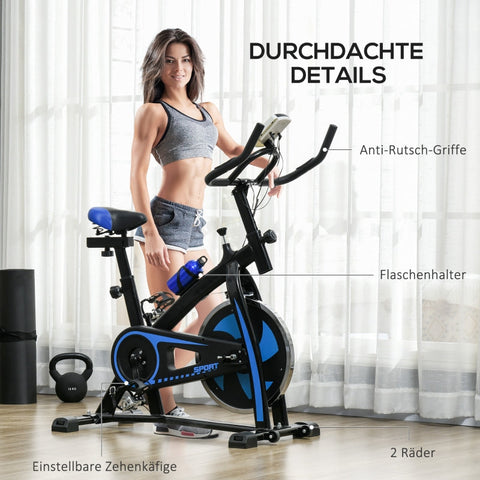Rootz Exercise Bike - Indoor Cycling Bike - Quiet Belt Drive - Adjustable Resistance - LCD Monitor - Blue - 118cm x 50cm x 105-115cm