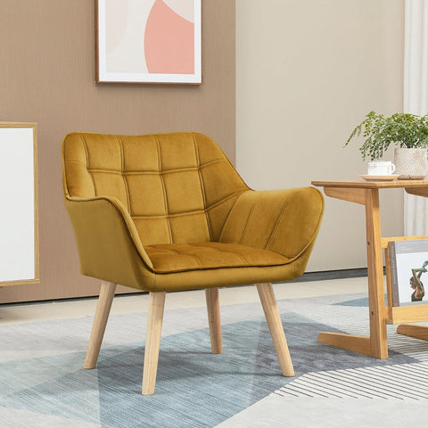 Rootz Velvet Lounge Chair - Scandi Style Accent Chair - Comfortably Padded - Rubberwood Legs - Metal Frame - Yellow - 67cm x 61.5cm x 71cm