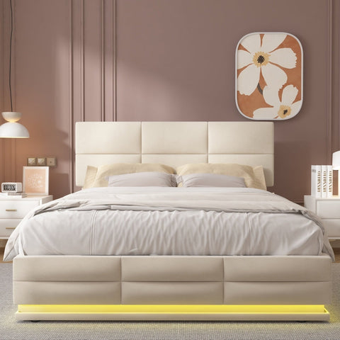 Rootz Double Bed with LED - Velvet Bed Frame - USB Charger - Ample Storage - 208.5cm x 164cm x 105-115cm