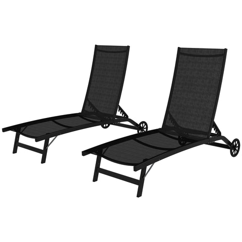 Rootz 2 Sun Loungers Set - Chaise Lounge - Recliner - Ergonomic Comfort - 195cm x 66cm x 34cm - Aluminum & Textilene, 150kg Capacity, Black