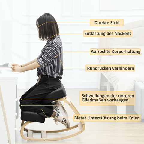 Rootz Knee Chair - Ergonomic Seat Stools - Upholstered Stools - Healthy Seating - Birch Wood - 120kg Capacity - Black - 51cm x 69cm x 58cm