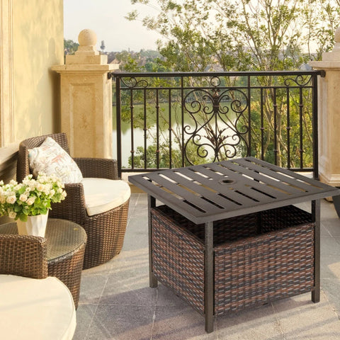 Rootz Rattan Table - Garden Table - Patio Table - Coffee Table with Umbrella Hole - Perfect for Garden Balcony - Brown - 55.5 x 55.5 x 46 cm