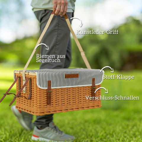 Rootz Willowwood Picnic Basket - Outdoor Hamper - 4-Person Cutlery Set - Handmade & Durable - 51cm x 33cm x 25cm
