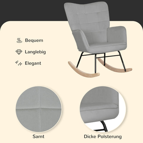 Rootz Rocking Chair, Nursery Chair - Relaxing Armchair - Velvet Fabric - Ergonomic Design - Beech Wood - 98cm x 71cm x 101cm