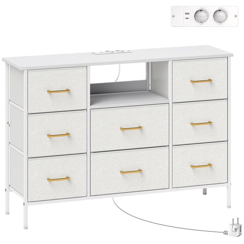 Rootz Chest of Drawers 8 Drawer Storage Cabinet - Dresser - Sideboard - Built-in Power Strip - White - 110x30x76cm - Soft Boucle Fabric, Stylish, Spacious