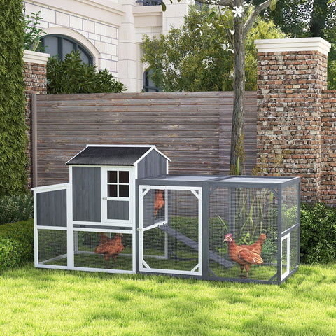 Rootz Chicken Coop with Run - Poultry House - Fir Wood - Secure Nesting Box - 236.5cm x 91cm x 114cm - Ideal for 3-4 Chickens - Grey