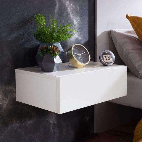 Rootz Bedside Table Floating White - Bedside Table Wood - Processed Wood - Melamine Resin - Wall Mounted - Modern - 1 Drawer