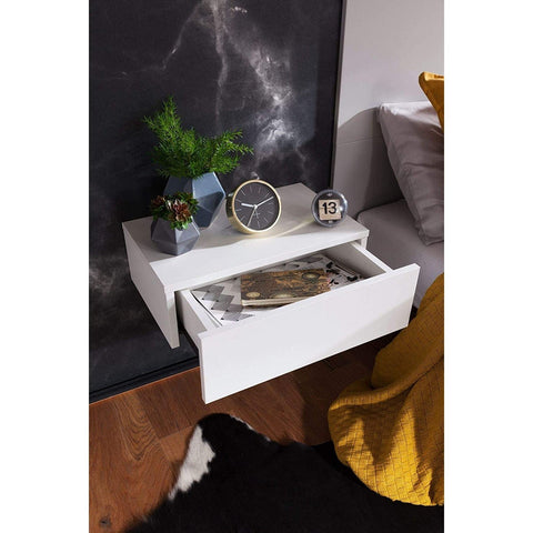 Rootz Bedside Table Floating White - Bedside Table Wood - Processed Wood - Melamine Resin - Wall Mounted - Modern - 1 Drawer