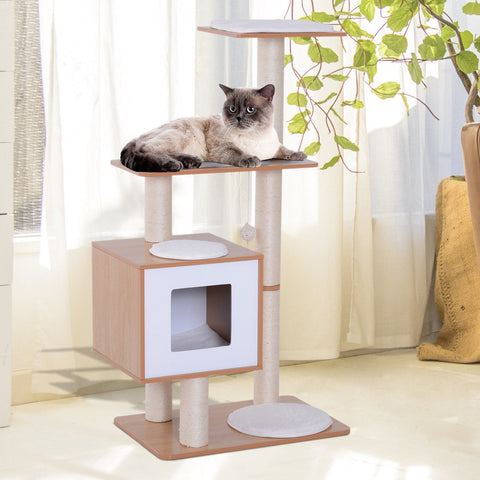 Rootz Scratching Post Cat Toy - White, Natural - Firwood, Mdf, Sisal - 25.98 cm x 18.5 cm x 47.24 cm