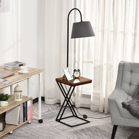 Rootz Floor Lamp - Brown, Gay, Black - Fir Wood, Steel, Fabric - 14.17 cm x 14.17 cm x 64.96 cm