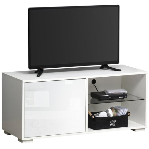 Rootz TV Furniture - Drawers - 2 Open Shelves - Storage Compartment - 100 x 40 x 45 cm - Processed Wood - Glass - White