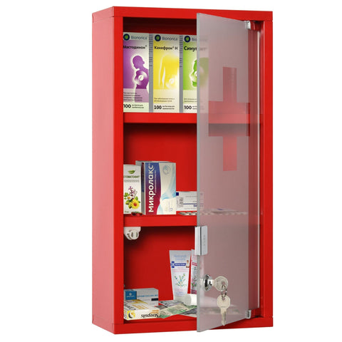 Rootz Medicine Cabinet - Red - Steel, Glass - 9.84 cm x 4.72 cm x 18.89 cm