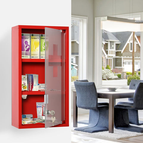 Rootz Medicine Cabinet - Red - Steel, Glass - 9.84 cm x 4.72 cm x 18.89 cm