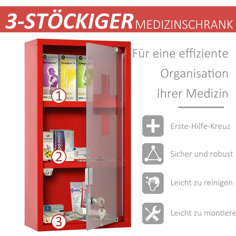 Rootz Medicine Cabinet - Red - Steel, Glass - 9.84 cm x 4.72 cm x 18.89 cm