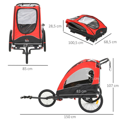 Rootz 3 in 1 Children's Trailer Jogger - Red, Black - Aluminium, Oxford, Rubber - 59.05 cm x 33.46 cm x 42.12 cm