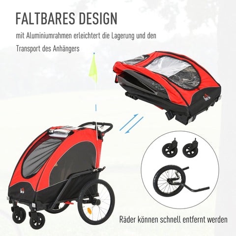 Rootz 3 in 1 Children's Trailer Jogger - Red, Black - Aluminium, Oxford, Rubber - 59.05 cm x 33.46 cm x 42.12 cm