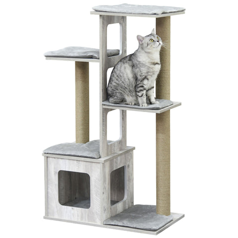 Rootz Cat Tree Scratching Post - Gray - Engineered Wood, Jute, Plush - 26.38cm x 15.16cm x 44.88cm