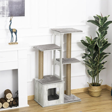Rootz Cat Tree Scratching Post - Gray - Engineered Wood, Jute, Plush - 26.38cm x 15.16cm x 44.88cm