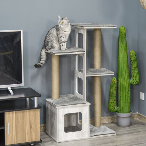 Rootz Cat Tree Scratching Post - Gray - Engineered Wood, Jute, Plush - 26.38cm x 15.16cm x 44.88cm